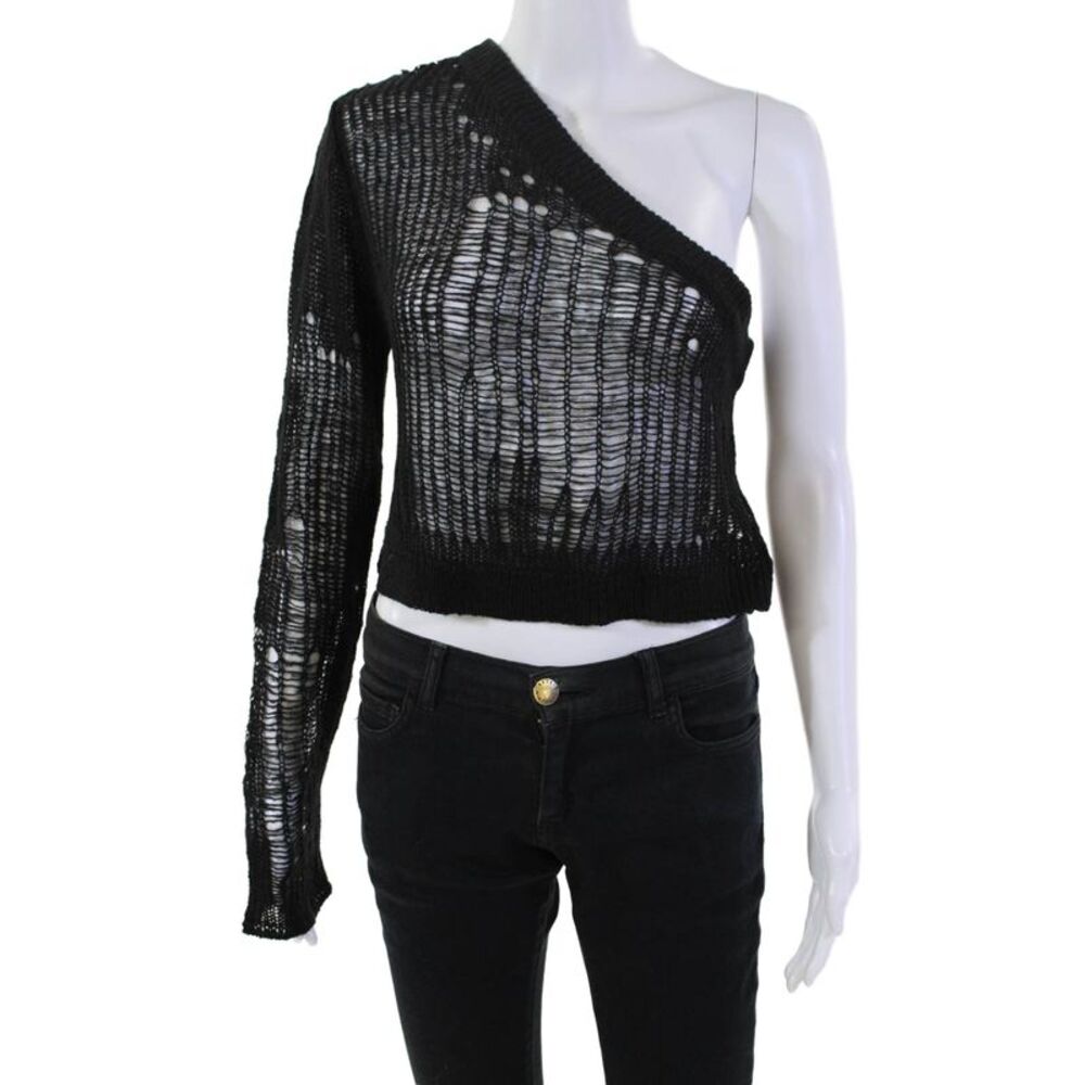 Superdown Womens Open Knit Long Sleeve Pullover One Shoulder Top Black Size L